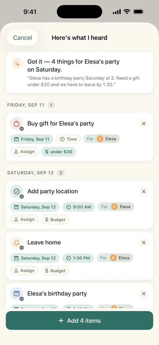 Lighten turning one sentence about a birthday party into four items